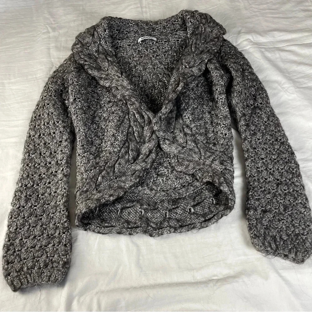 Chunky Open Front DKNYc Sweater Grey M Thick Wool/Alpaca Blend Balloon Sleeve